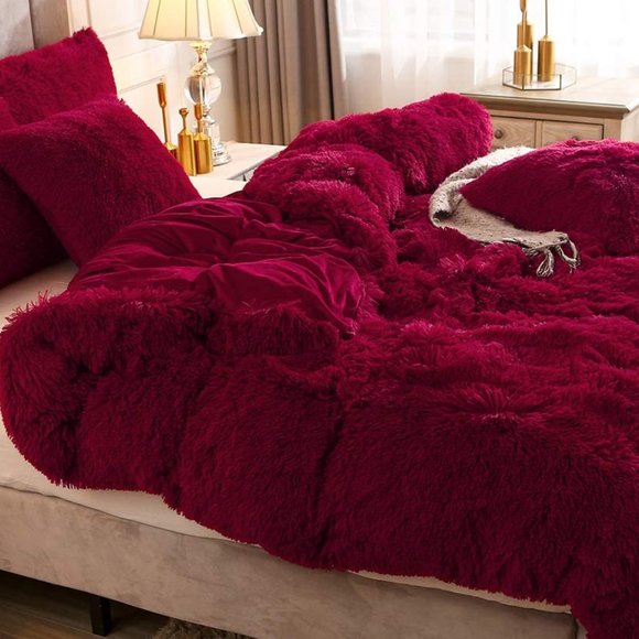 💗 Red Queen Faux Fur Comfy Plush Shaggy Duvet Cover Set Luxury Velvet w shams - Picture 7 of 7